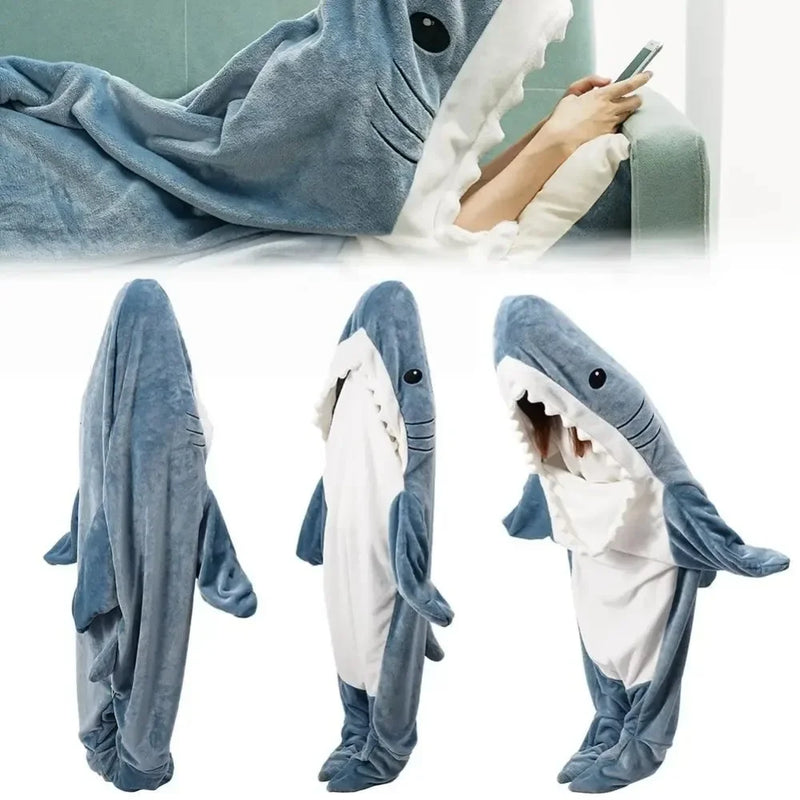 Saco de dormir flanela com capuz tubarão para adultos, desenhos animados Onesie, Homewear engraçado, cobertor quente, inverno